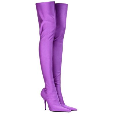 10 cm/3.93 in Pointed-Toe Super High-Heel Stiletto Women's Elastic Over-the-Knee Sock Boots, Purple, EU 45