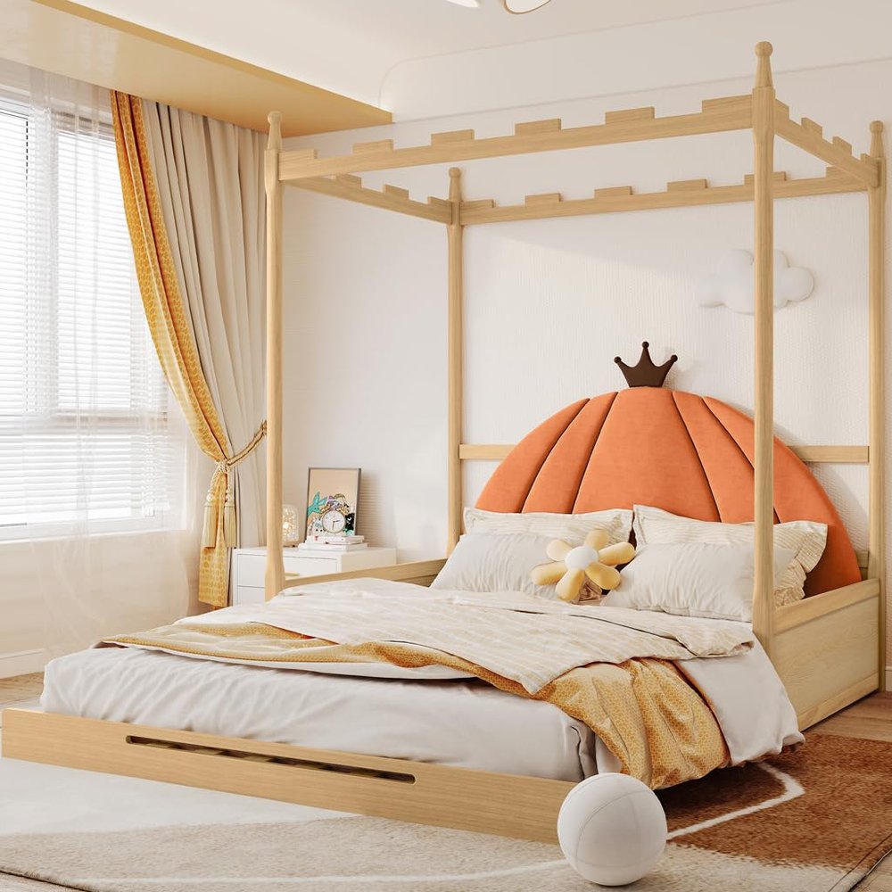 KDXYSL Extendable House Bed for Kids, Pine Wood Frame, Natural and Orange