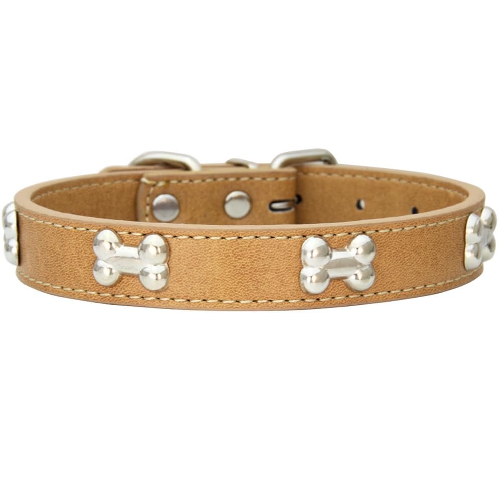 AYGCI Faux Leather Dog Collar with Metal Bone Studs, Adjustable XS–L