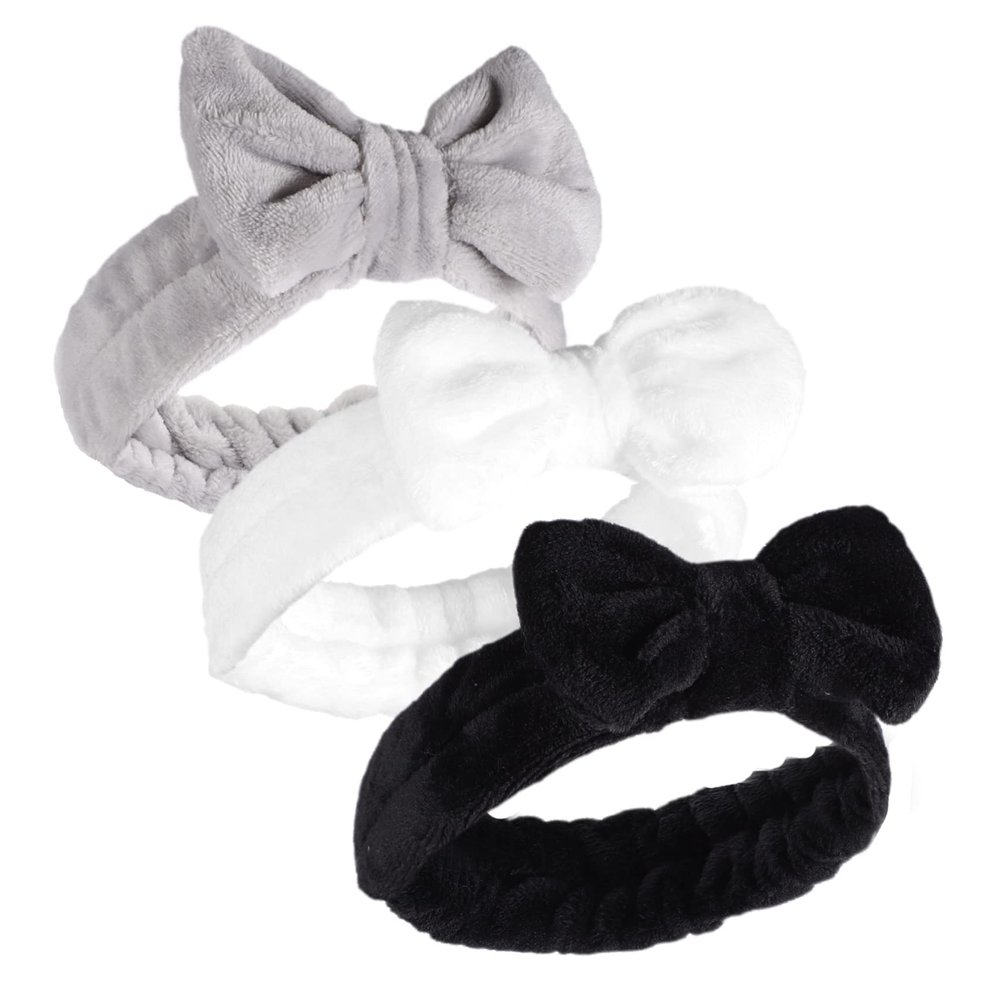 Spa Headbands, 3-Piece Set, Coral Fleece with Bows for Women