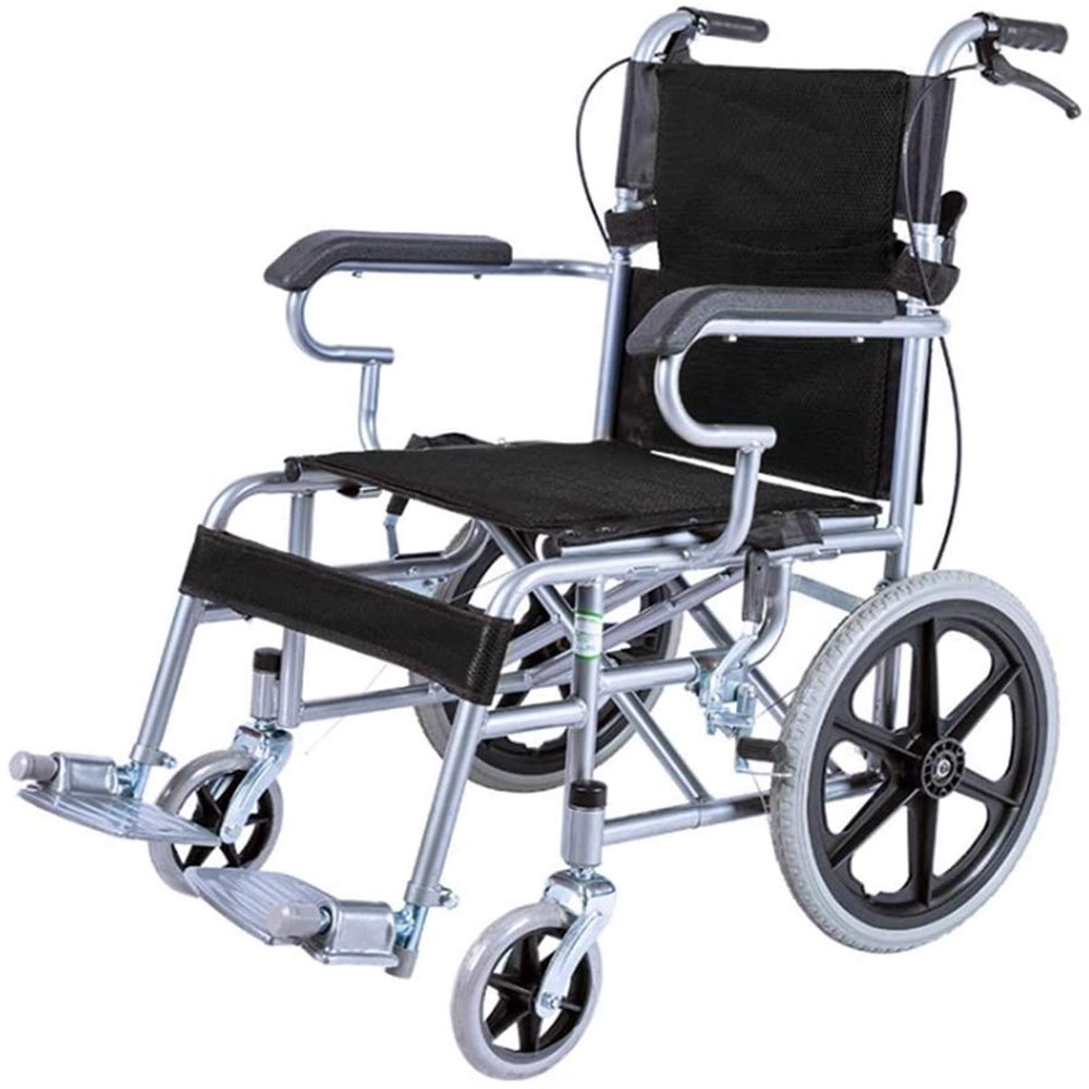 Lightweight Foldable Transport Wheelchair with Locking Handbrake, 14-Inch Rear Wheels, Non-Inflatable Portable Trolley for Older Children (Blue) (Black...)