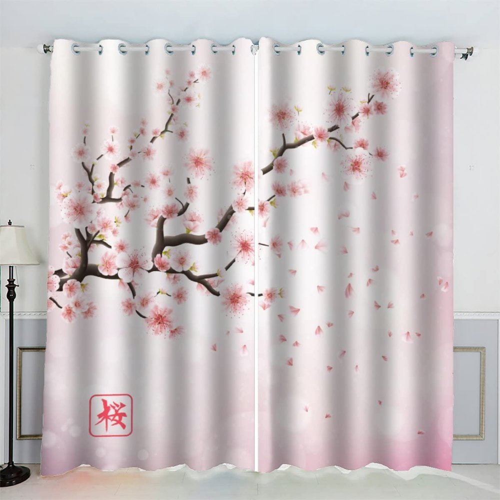 AKATIE Blooming Japanese Cherry Blossoms Blackout Curtains, 2-Piece Set, Pink, 3D Floral Print, 140 x 160 cm