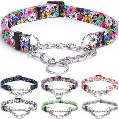 haoyueer Martingale Dog Collar - Stainless Steel Chain, No-Pull Training Collar with Floral Design for Large, Medium, and Small Dogs (L, Fireworks)