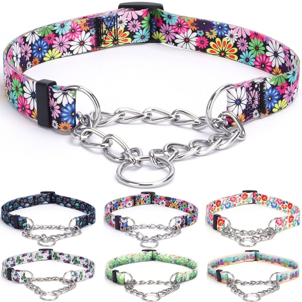 haoyueer Martingale Dog Collar - Stainless Steel Chain, No-Pull Training Collar with Floral Design for Large, Medium, and Small Dogs (L, Fireworks)