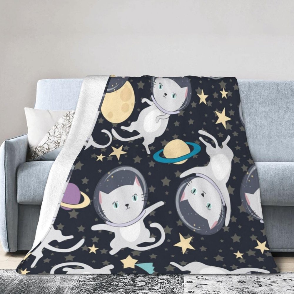 ASEELO 125 x 100 cm Fun Cat Astronaut Fleece Blanket, Sofa Throw for Bed and Couch, Travel