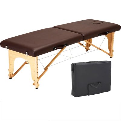 Portable Beauty Bed, 2-Section Height-Adjustable Folding Massage Table with Headrest and Removable Armrests, Brown, 185 × 70 cm-B