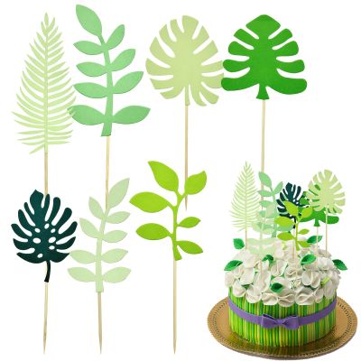 14-Piece Tropical Leaf Cake Decorations, Glittery Artificial Palm Leaves