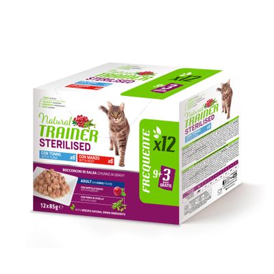 Natural Trainer Wet Food for Adult Sterilized Cats, Tuna and Beef Multipack, 12 x 85 g