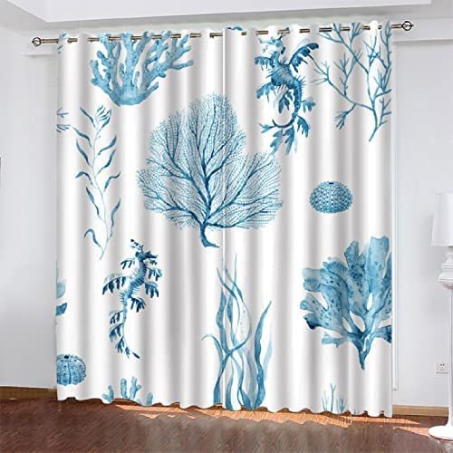 3D Blue Watercolor Plant Blackout Curtains for Kids' Rooms, 182 W x 214 H cm