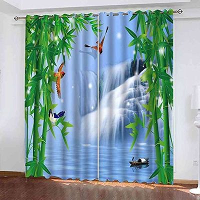 3D Bamboo Leaf Waterfall Blackout Curtains, 2-Piece Set, 182 x 214 cm