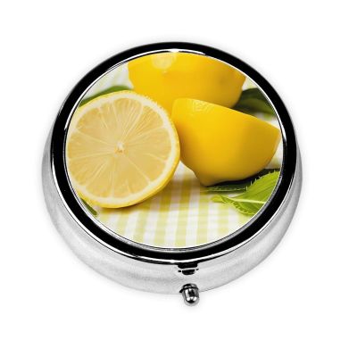 Portable Round Metal Pill Case with Yellow Lemon Design, 3 Compartments