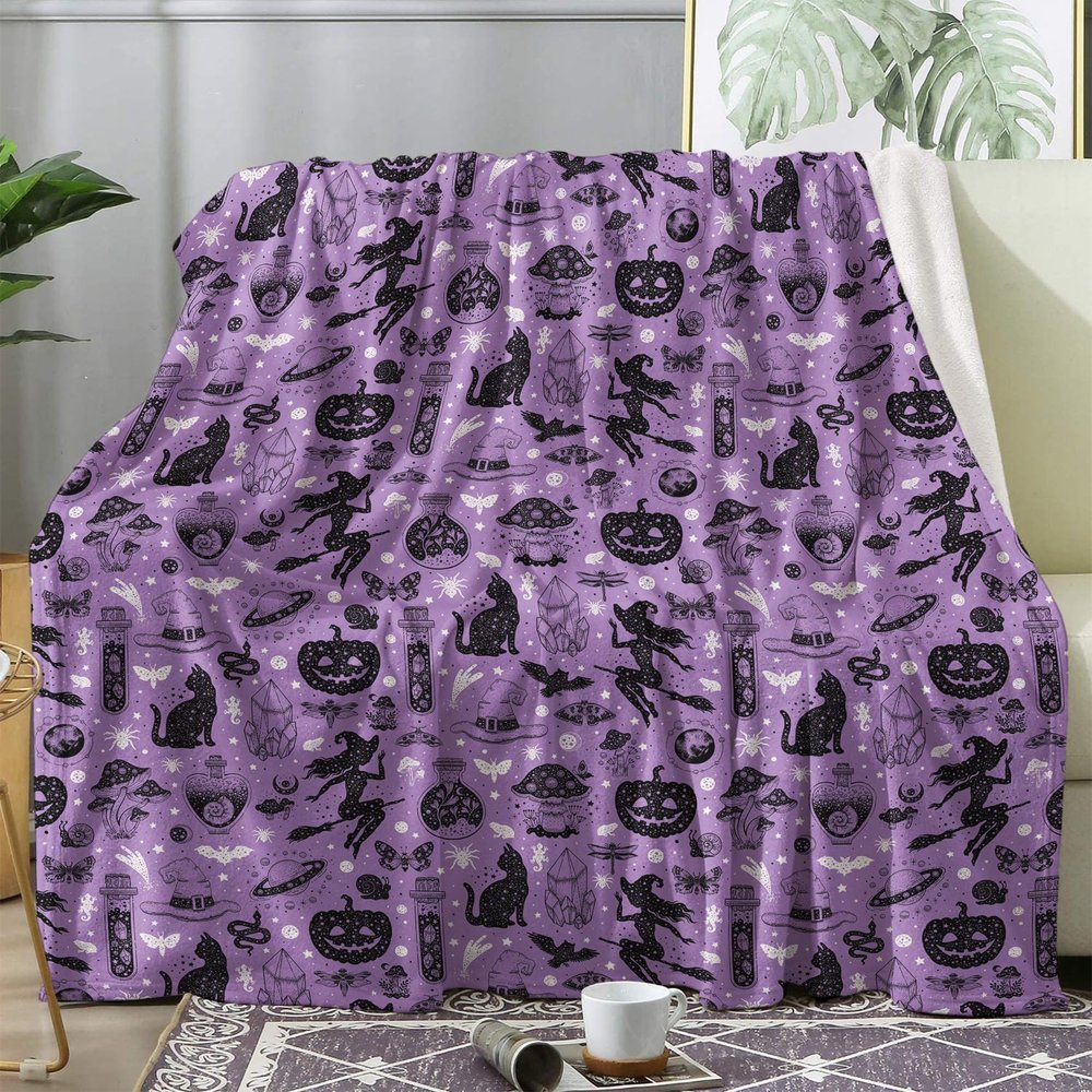 Soft Halloween Throw Blanket, Purple Witch, 220 x 240 cm