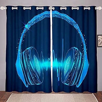 3D Floral Blackout Curtains, 2 Panels, 280 x 180 cm, Blue Lightning Headphones Design