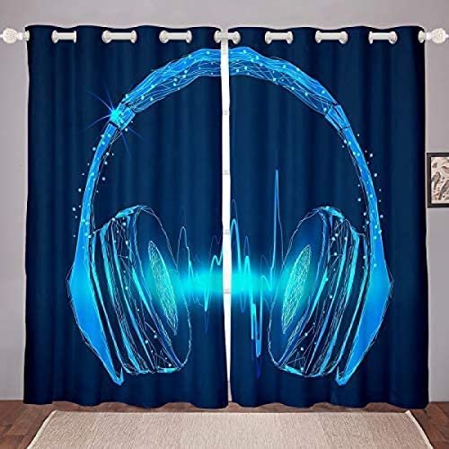 3D Floral Blackout Curtains, 2 Panels, 280 x 180 cm, Blue Lightning Headphones Design