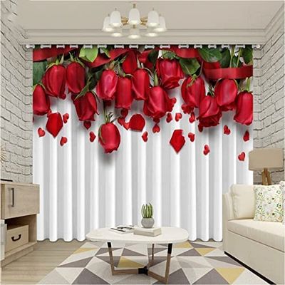 Blackout Curtains with 3D Print, White and Red Rose, 280 W x 250 H cm, Set of 2, Opaque, Grommet Top