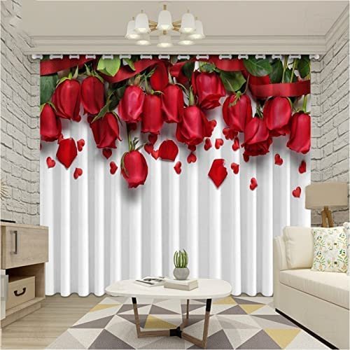 Blackout Curtains with 3D Print, White and Red Rose, 280 W x 250 H cm, Set of 2, Opaque, Grommet Top