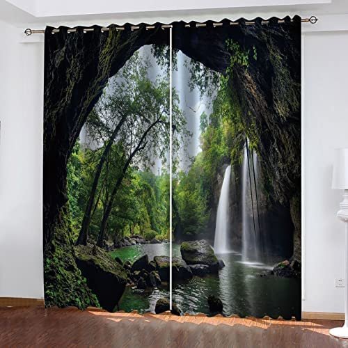 2-Piece Blackout Curtains, 150 x 166 cm, Grommet Panels, Cave Waterfall Landscape 3D Print