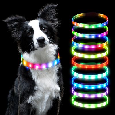 AUAUY LED Dog Collar, USB Rechargeable Adjustable Safety Silicone Collar