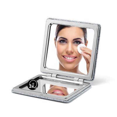 OMIRO Compact Mirror, Classic PU Leather, 1X/3X Magnification, Ultra-Portable for Wallets and Travel (Silver)
