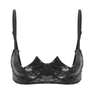 Agoky Women's Black Patent Leather Push-Up Lift Bra with Adjustable Spaghetti Straps, XXL