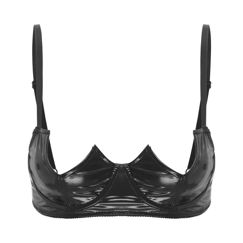 Agoky Women's Black Patent Leather Push-Up Lift Bra with Adjustable Spaghetti Straps, XXL