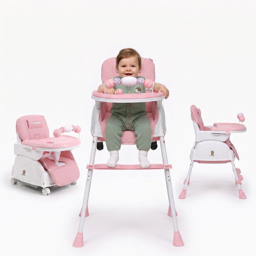 Twinky High Chair – 2-in-1 Stroller Set – Foldable Feeding Chair & Stroller for Babies and Toddlers – Adjustable, Portable & Compact – 6 Months to 4–5 Years – Pink