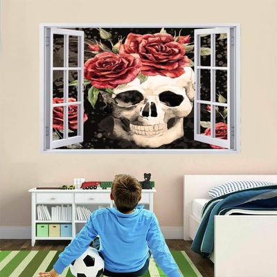 3D Wall Sticker with Wall Break, Skeleton and Red Rose