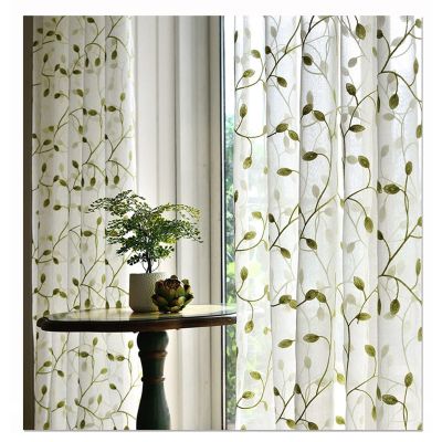 KnSam Sheer Curtains with Green Branch and Leaf Pattern, 140 x 215 cm