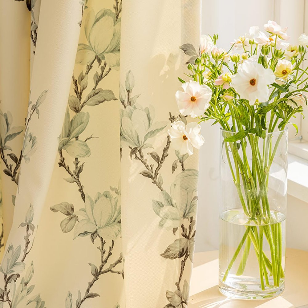 KnSam Blackout Curtains with Tabs, Gray and Blue Floral Pattern, Polyester, 132 x 244 cm (W x H)