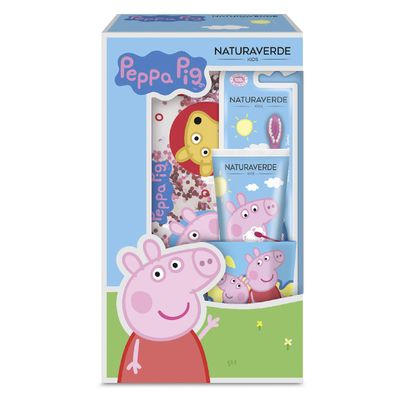 Naturaverde | Peppa Pig Oral Care Gift Box, Manual Toothbrush, 75 ml Strawberry Toothpaste, Cup and Glitter Pouch