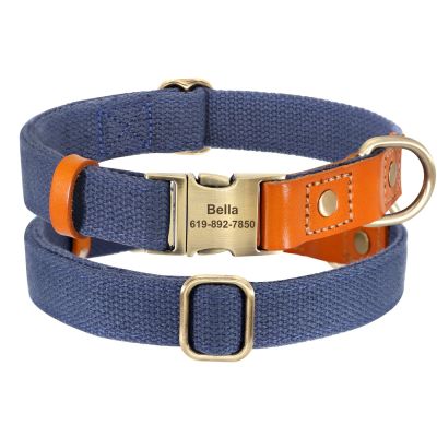 SARUEL Personalized Nylon and PU Leather Dog Collar with Engraved ID Tag, Dark Blue, 30–45 cm