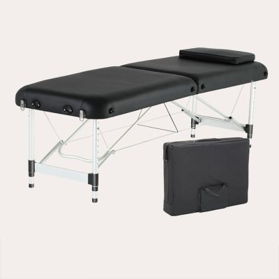 XIAOZHUANGXIONG Folding Cosmetic Bed, Mobile 2-Zone Aluminum Massage Table, Height-Adjustable, with Cover, Backpack and Round Stool, Black, 185 × 70 cm-B