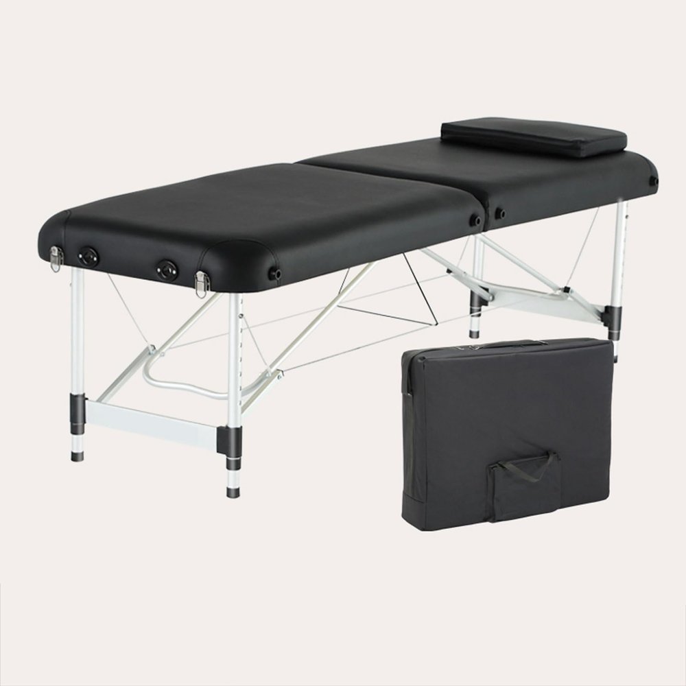 XIAOZHUANGXIONG Folding Cosmetic Bed, Mobile 2-Zone Aluminum Massage Table, Height-Adjustable, with Cover, Backpack and Round Stool, Black, 185 × 70 cm-B