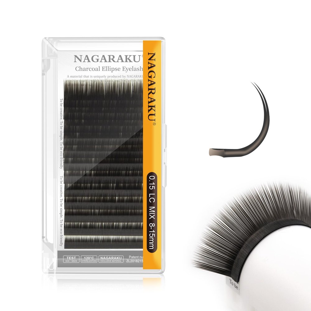 NAGARAKU Ellipse Flat Lash Extensions, Split Tips, Charcoal, 12 Rows, 0.15 LC, 8–15 mm