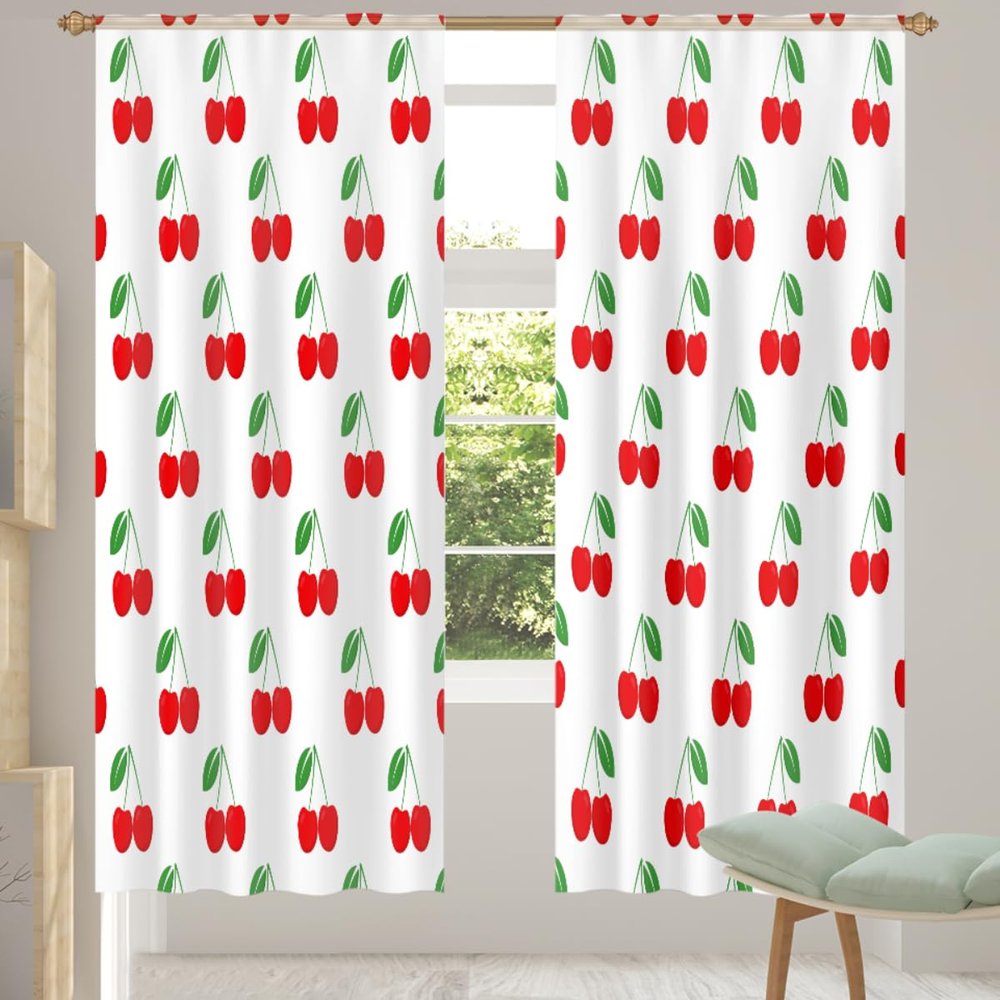 Fruit Cherry Sheer Curtains, Set of 2, Summer Cherry Voile Curtains, 55 x 78 in