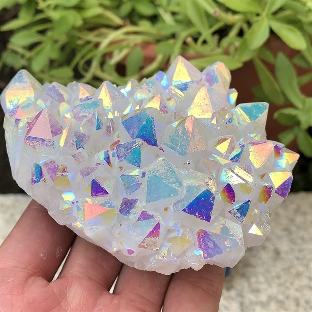 AAKOMA Titanium Cluster Rainbow Aura Lemurian Quartz Crystal Specimen Point Healing, 1 Piece