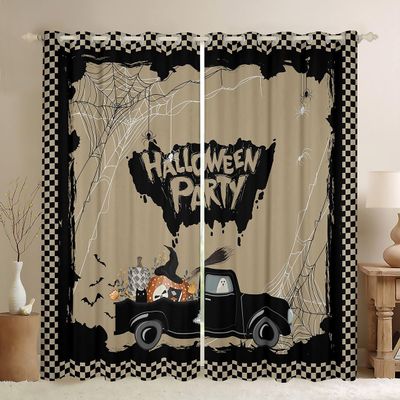 Halloween Blackout Curtains, Trick-or-Treat Gothic Ghost Spider Bat Pumpkin Window Curtains, Black and White Grid, 55 W x 69 L in
