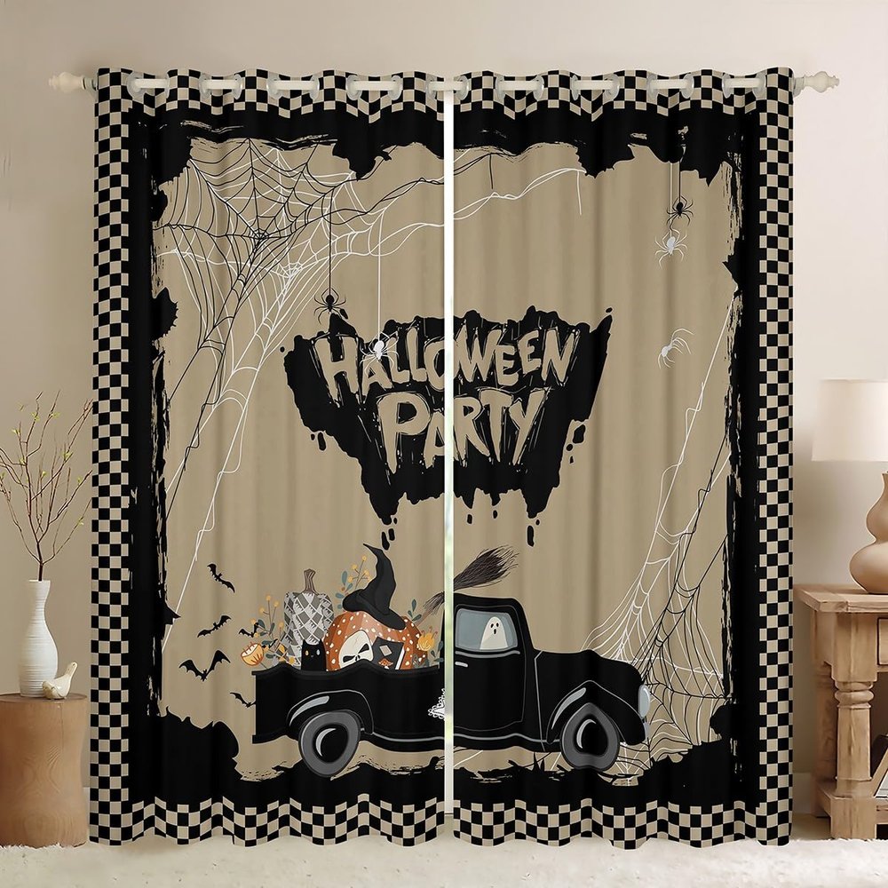 Halloween Blackout Curtains, Trick-or-Treat Gothic Ghost Spider Bat Pumpkin Window Curtains, Black and White Grid, 55 W x 69 L in