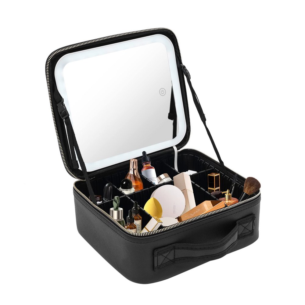 SABUIDDS Small Makeup Bag with Mirror, 3-Color LED Light, and Dividers, Black