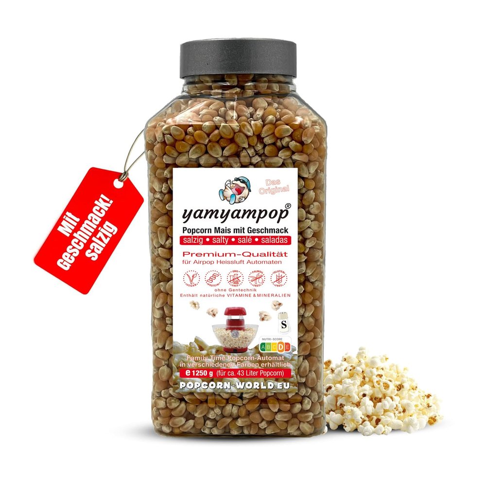 YamYamPop Flavored Salty Popcorn Kernels, 1,250 g Premium Corn for Hot-Air Popcorn Machines