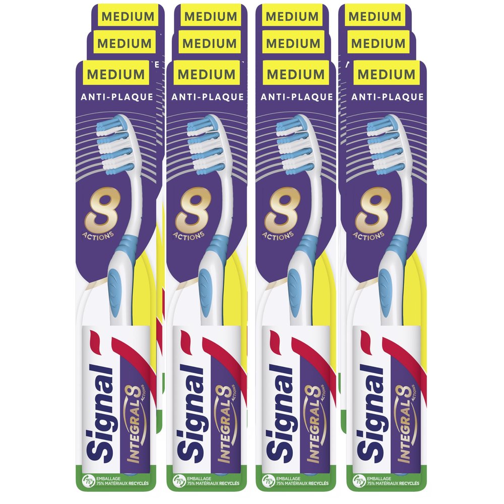 Signal Integral 8 Complete Care Medium Toothbrushes, Plaque Action, Interdental Cleaning, Helps Prevent Cavities, 12 Count