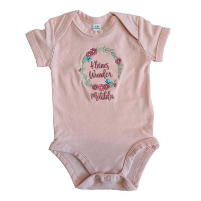 Baby Bodysuit for Girls, Flower Wreath and Butterfly, with Embroidered Name (0–3 Months, 53–60 cm, Pink)