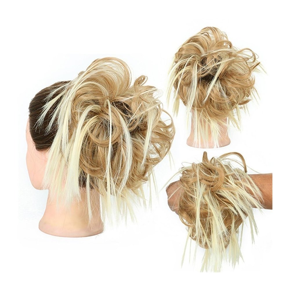 Messy Hair Bun Hairpiece with Straight and Curly Hair, Synthetic Elastic Band