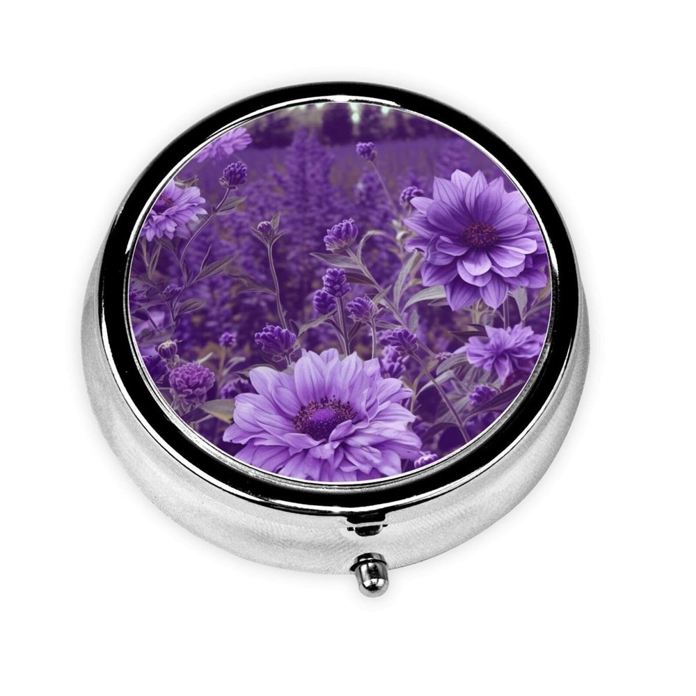 Round Metal Pill Case for Wallets, 3 Compartments, Purple Floral Print