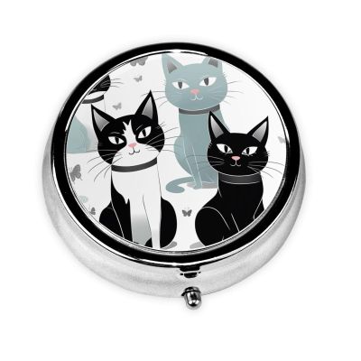 Round Metal Pill Organizer for Wallet, 3 Compartments, Black-and-White Cat Print