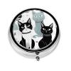 Round Metal Pill Organizer for Wallet, 3 Compartments, Black-and-White Cat Print view 1