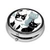 Round Metal Pill Organizer for Wallet, 3 Compartments, Black-and-White Cat Print view 2