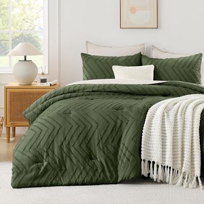 Andency Olive Green 3-Piece Full Comforter Set, Boho Tufted Chevron Microfiber