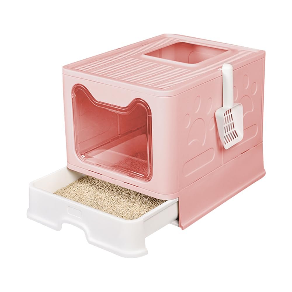 Enclosed Cat Litter Box, 51 x 41 x 38 cm, Removable Tray, Scoop, Brush, Pink