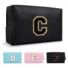 Personalizable Small Zipper Makeup Bag, Cute White Cosmetic Bag for Girls and Women, Black with Black Letter C view 1